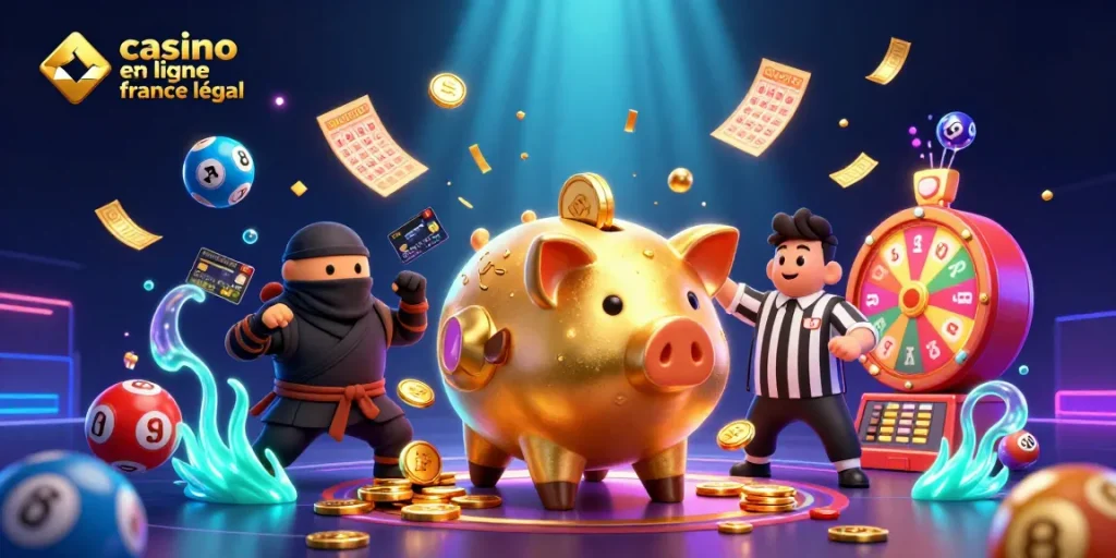 Illustration animée 3D dynamique pour "casino en ligne france légal" avec un sumo et des éléments de loterie.