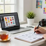 Designer creating custom stickers in a vibrant workspace with materials, sketches, and a laptop.