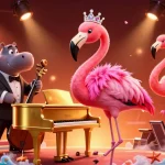 Paris sportif : un flamant rose chanteur et un hippopotame musicien entourés d'éléments de paris sportifs.