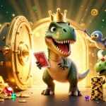 Illustration dynamique de casino en ligne France légal avec T-Rex jouant aux cartes et triceratops empilant des jetons d'or.