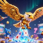 Jouer au casino en ligne France légal avec une illustration dynamique d'un aigle cybernétique et des machines à sous colorées