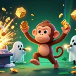 Visuel dynamique montrant un casino en ligne France légal avec un singe et un chiot chassant un poltergeist.