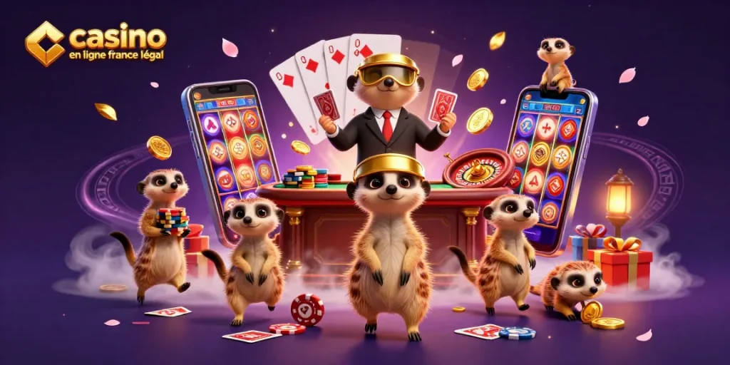 Casino en ligne France légal : découvrez une scène déchaînée avec des suricates dirigeant un casino dynamique.