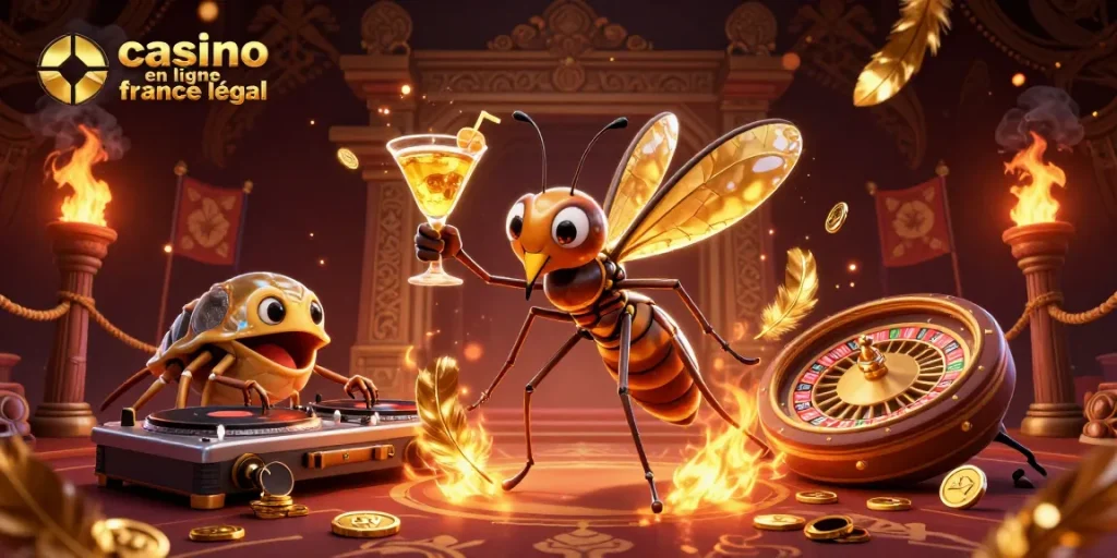 Plongez dans l'univers du casino en ligne légal en France avec une mascotte moustique vibrante et une scène animée.
