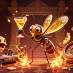 Plongez dans l'univers du casino en ligne légal en France avec une mascotte moustique vibrante et une scène animée.