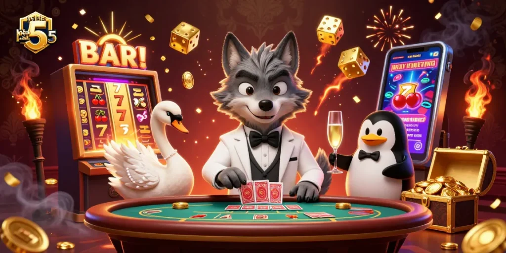 A vibrant ultra-detailed scene showcasing tỷ lệ kèo nhà cái 5 with a debonair wolf, elegant swan, and sophisticated penguin at a baccarat table, surrounded by dynamic casino game elements.