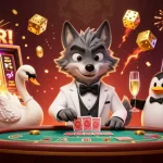 A vibrant ultra-detailed scene showcasing tỷ lệ kèo nhà cái 5 with a debonair wolf, elegant swan, and sophisticated penguin at a baccarat table, surrounded by dynamic casino game elements.