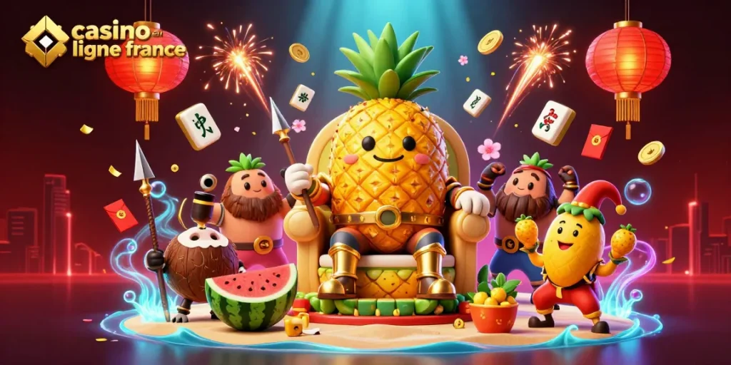 Visualisez le roi ananas en 3D dans un casino en ligne France plein d'énergie avec des éléments de jeu colorés.