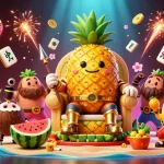 Visualisez le roi ananas en 3D dans un casino en ligne France plein d'énergie avec des éléments de jeu colorés.