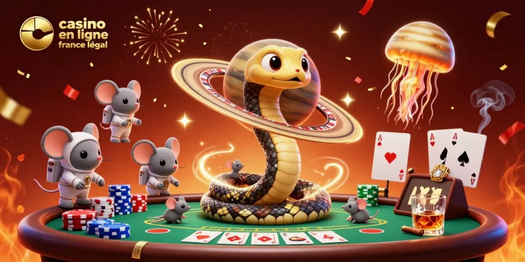 Une scène captivante de casino en ligne France légal avec des personnages cartoon animés jouant sur une roulette cosmique.