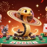 Une scène captivante de casino en ligne France légal avec des personnages cartoon animés jouant sur une roulette cosmique.