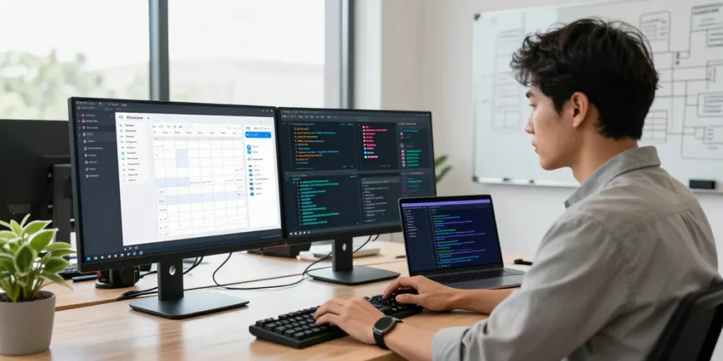 RTI Scheduler interface on dual monitors in a modern office setup showcasing productivity tools and coding.