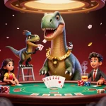 Un brontosaurus géant observant une table de poker dans un casino en ligne légal en France, avec des cartes et des jetons colorés.