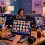 Engaging players enjoying slot online games in a vibrant, modern gaming setup.