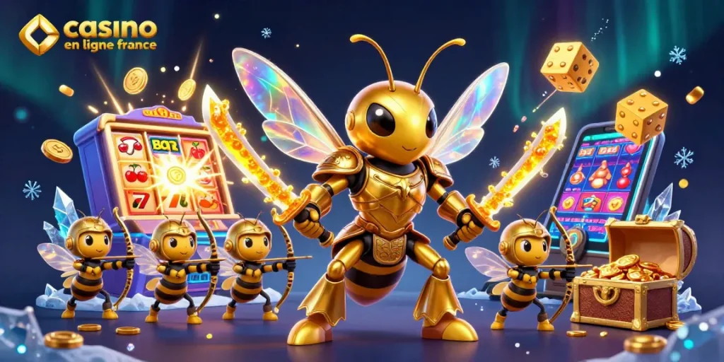 Profitez de jeux de casino en ligne France avec un hornet en armure samouraï entouré de machines à sous et de trésors.