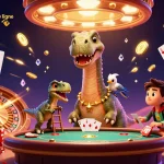 Éprouvez le jeu au casino en ligne légal en France avec cette scène ludique et colorée d'un brontosaurus et d'un raptor !