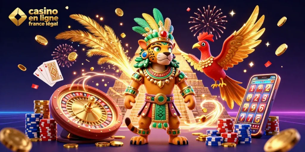 Cette illustration représente un casino en ligne France légal avec un prêtre jaguar et des éléments riches en jeux.