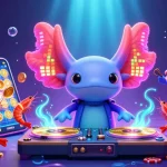 Profitez d'une expérience vibrante au casino en ligne légal en France avec un DJ axolotl et des éléments de jeu animés.