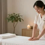 의왕출장마사지 in a serene home environment with a professional therapist preparing for a session, creating a calming atmosphere for relaxation.