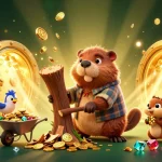 Illustration captivante de casino en ligne France légal avec un castor en train de couper un arbre pour des pièces d'or.
