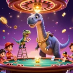 Profitez de l'animation d'un brontosaurus dans un casino en ligne France légal avec jeux de cartes et jetons.