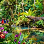 Tourists exploring the vibrant biodiversity of Indonesia at ROKOK88 with Komodo dragons and rare orchids.