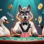 Jouez à casino en ligne France légal avec un loup élégamment vêtu au baccarat, entouré de crypto-monnaies.