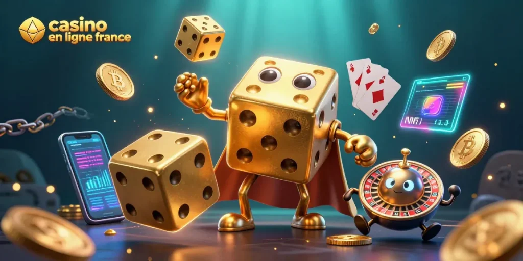 Illustration d'un casino en ligne France montrant un golem de dés dorés jonglant avec des dés, entouré de pièces de crypto-monnaies.