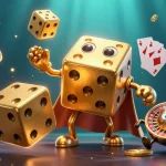 Illustration d'un casino en ligne France montrant un golem de dés dorés jonglant avec des dés, entouré de pièces de crypto-monnaies.