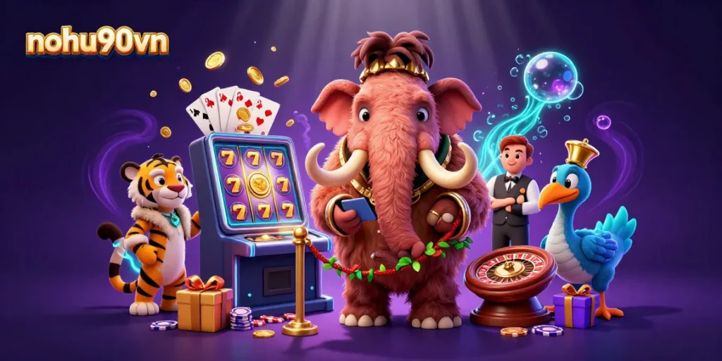 Experience excitement in nohu90vn's vibrant casino scene with dynamic slots and charming characters.
