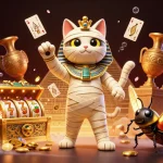 Illustration colorée d'un casino en ligne légal en France avec un chat momie égyptien et un scarabée.