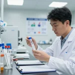 Researcher using a lyophilized peptide vial in a lab, examining peptide interactions with precision.