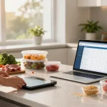 The best macro tracking app displayed on a laptop in a bright kitchen while preparing healthy meals.