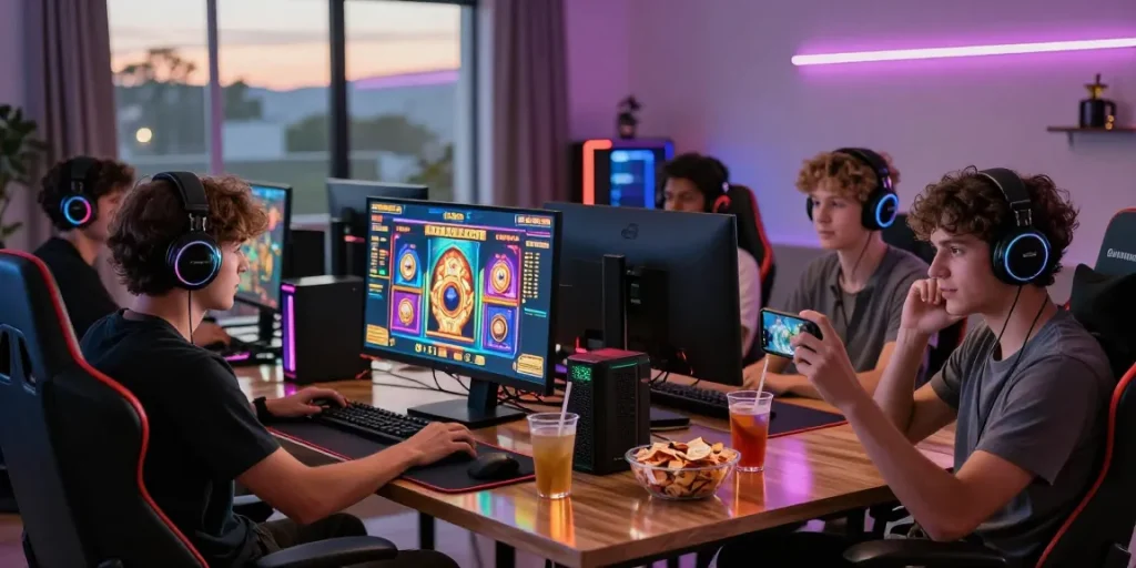 Group playing online slots at https://gravatar.com/playbook88official with vibrant setup and snacks.