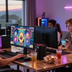 Group playing online slots at https://gravatar.com/playbook88official with vibrant setup and snacks.