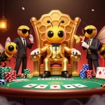 Illustration de la scène de jeu "casinos en ligne légaux en France" avec un boss abeille en costume entouré de gardes.