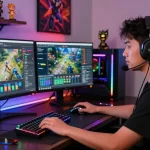 Engaging gaming workspace featuring NAGA2000 software, gaming gear, and vibrant RGB lighting.