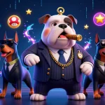 Illustration d'une scène de casino en ligne France légal avec un bulldog mafieux et ses gardes du corps, pleine d'éléments de jeu.