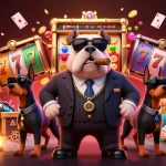 Une illustration 3D détaillée illustrant le casino en ligne France légal avec un bulldog mafieux et des éléments de jeu.