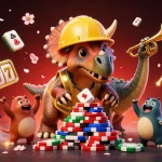 Une illustration joyeuse de casino en ligne légal en France avec un triceratops et des éléments de jeu.