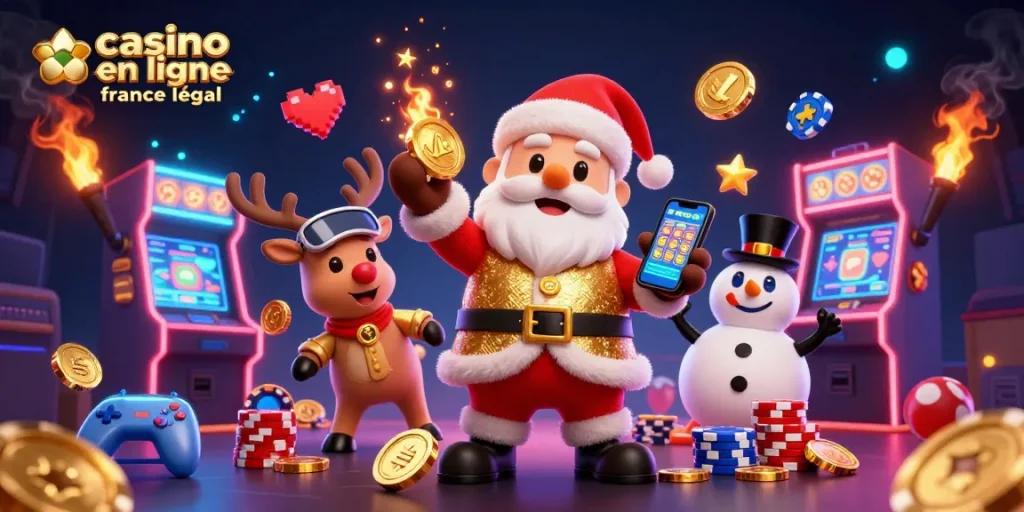 Visualisez des éléments de casino en ligne France légal avec Santa et ses amis dans une scène animée.
