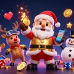 Visualisez des éléments de casino en ligne France légal avec Santa et ses amis dans une scène animée.