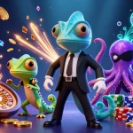 Illustration dynamique du casino en ligne France légal avec des personnages de jeux de casino et des éléments de jeu.